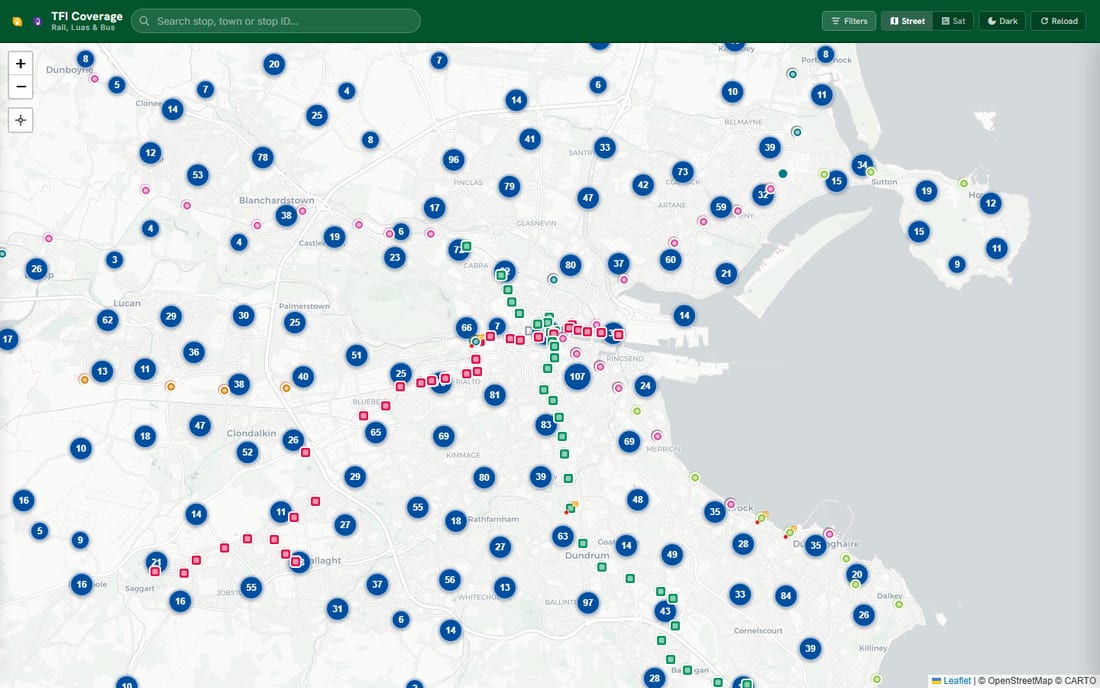 TFI Coverage Map showing Dublin's rail, Luas and bus network on one screen