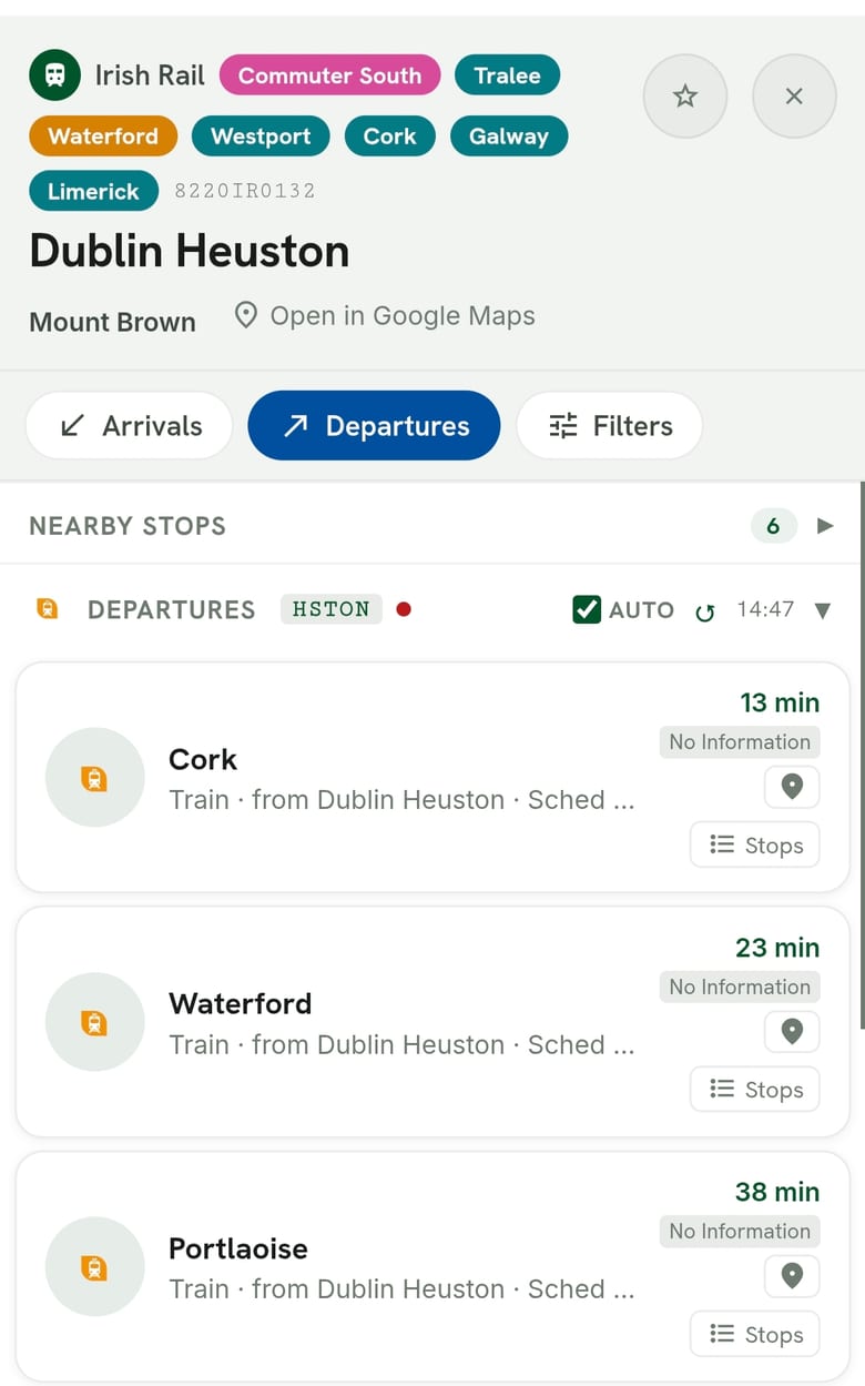 Dublin Heuston Departures board showing outbound trains to Cork, Waterford and Portlaoise