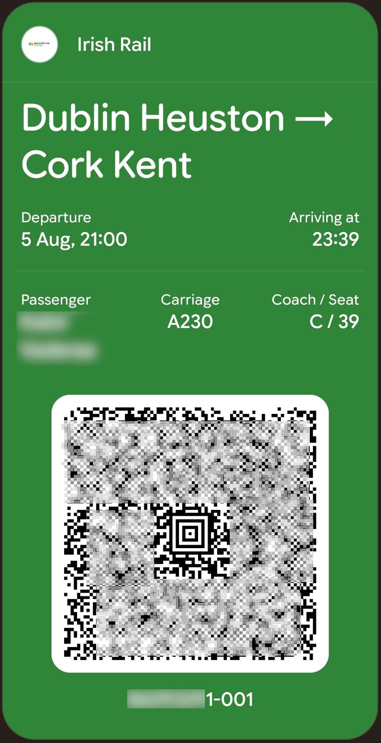 The finished pass saved in Google Wallet, showing journey details and the real Aztec barcode